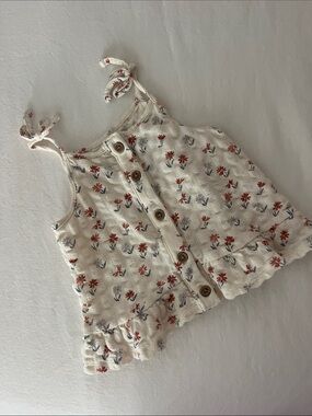 Little Co • Cream Floral Tie-Shoulder Button Front Tank